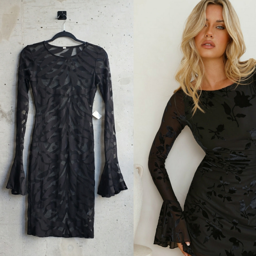 Y2k Sheer Flutter Sleeve Bodycon Dress - Black (XS)